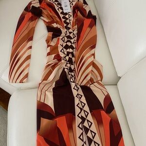 BCBGMaxAzria Orange and Brown Bodycon Dress Sleeveless Crew Neck